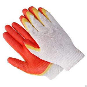 Перчатки ХБ с латексом ЛЮКС двойной облив 3/4 красно-желтые