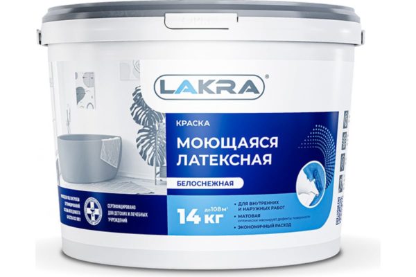 Моющаяся краска ЛАКРА латексная, белоснежная, 14 кг