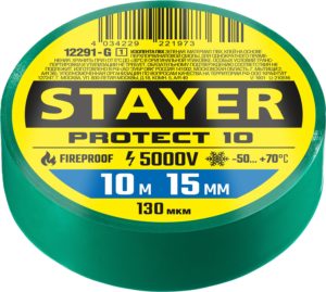 Изолента ПВХ зеленая 15 мм х 10 м, 5 000 В , STAYER PROTECT-10 Professional (12292-G)