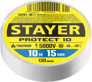 Изолента ПВХ белая 15 мм х 10 м, 5 000 В, STAYER PROTECT-10 Professional (12292-W)
