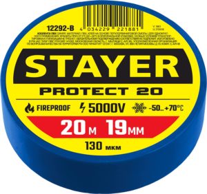 Изолента ПВХ синяя 19 мм х 20 м, 5 000 В, STAYER PROTECT-20 Professional (12292-B)