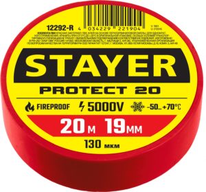 Изолента ПВХ красная 19 мм х 20 м, 5 000 В, STAYER PROTECT-20 Professional (12292-R)