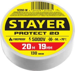 Изолента ПВХ белая 19 мм х 20 м, 5 000 В, STAYER PROTECT-20 Professional (12292-W)