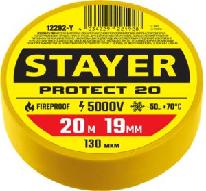 Изолента ПВХ желтая 19 мм х 20 м, 5 000 В, STAYER PROTECT-20 Professional (12292-Y)