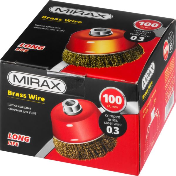 Чашечная щетка-крацовка для УШМ MIRAX 100 мм, витая стальная латунированная проволока 0.3 мм